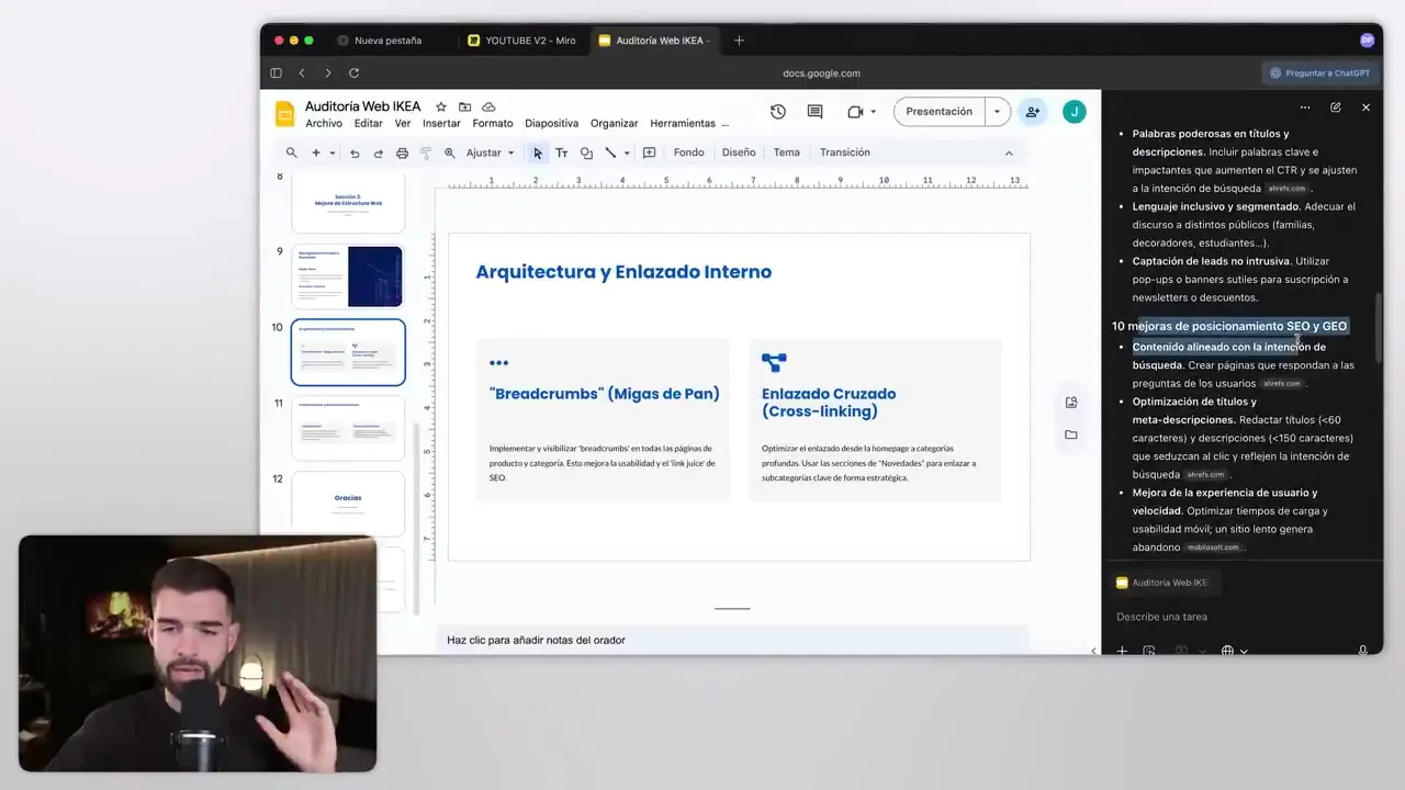 Presentación en Google Slides con la auditoría SEO que entrega el agente sobre arquitectura web