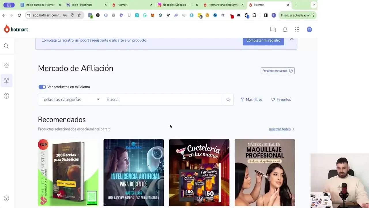 Mercado de Afiliación de Hotmart con buscador, categorías y productos recomendados para afiliarse