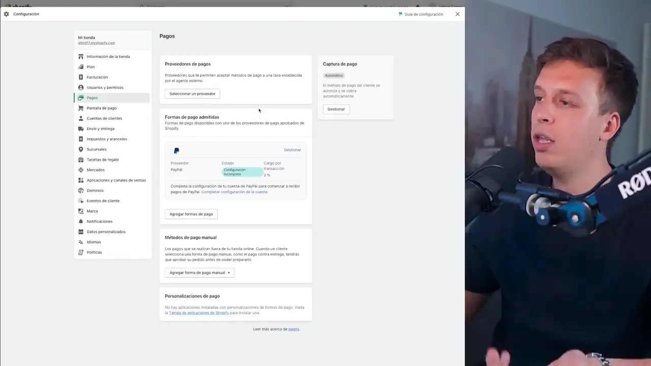 Página de Pagos en la configuración de Shopify con PayPal como forma de pago admitida