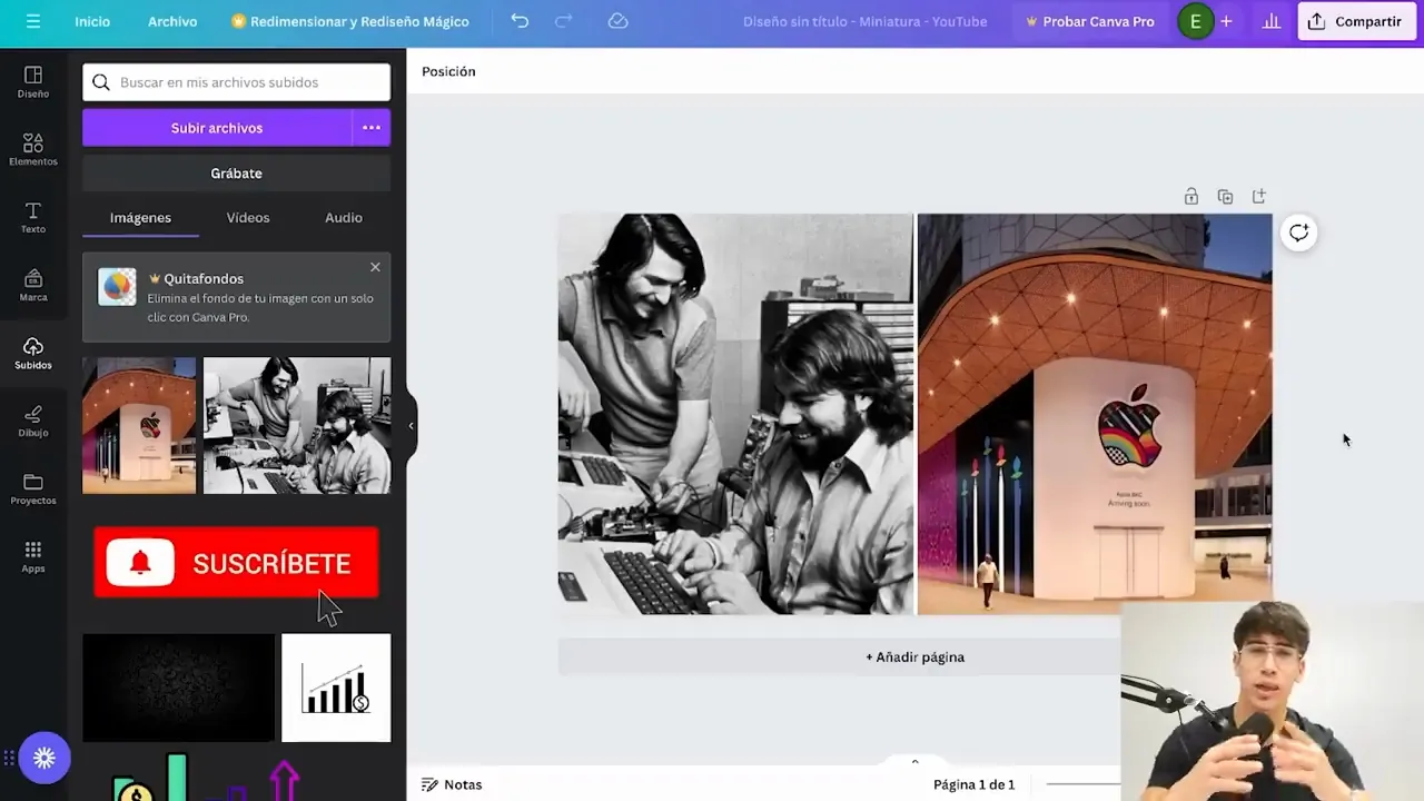Miniatura en Canva con una foto antigua de los fundadores de Apple y una Apple Store