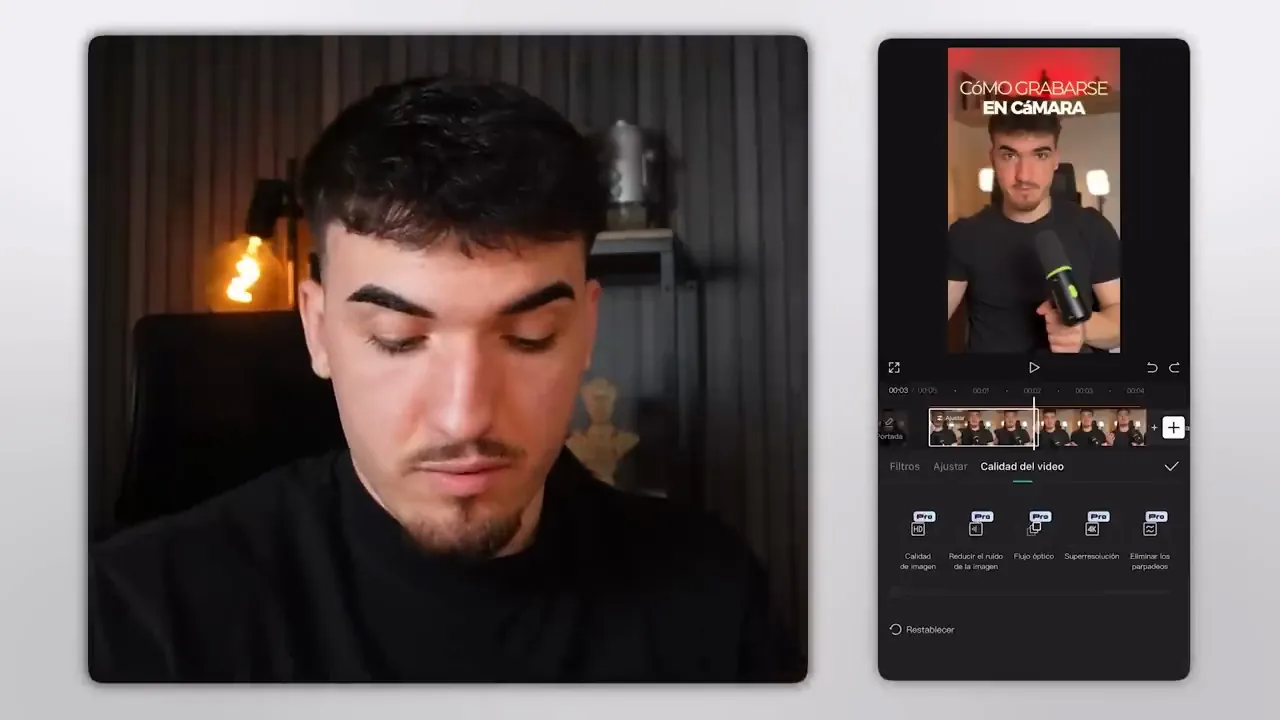 Pestaña Calidad del vídeo en CapCut para móvil, con las opciones para mejorar la imagen