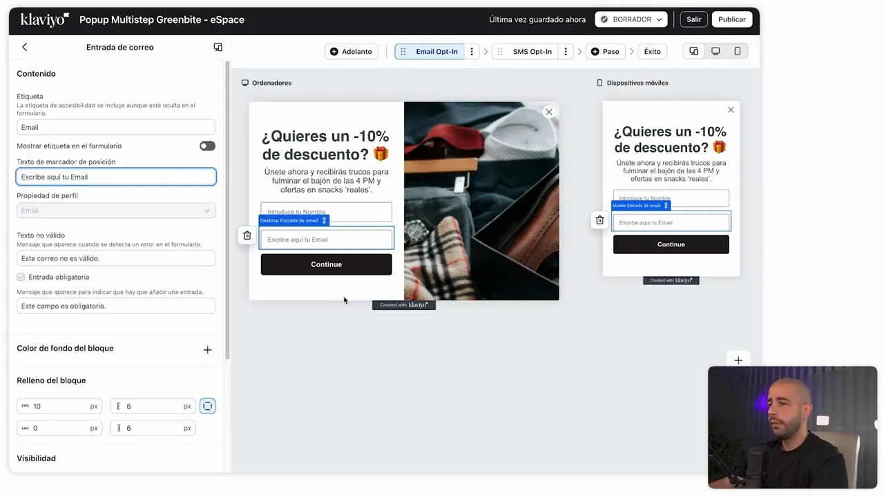 Editor de un popup de descuento del 10 % para ordenador y para móvil