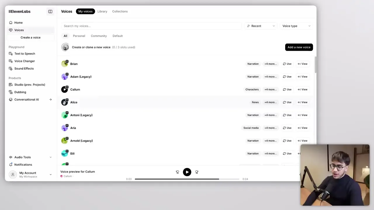 Biblioteca de voces de ElevenLabs con la lista de voces para elegir y escuchar