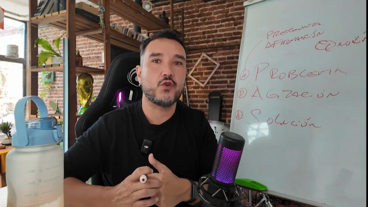 Pizarra con la fórmula de guion UGC: problema, agitación y solución