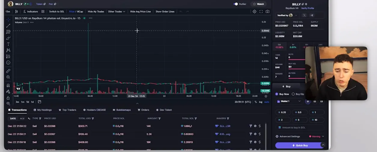 Ficha de un token en Photon con su gráfica, liquidez, capitalización y últimas transacciones