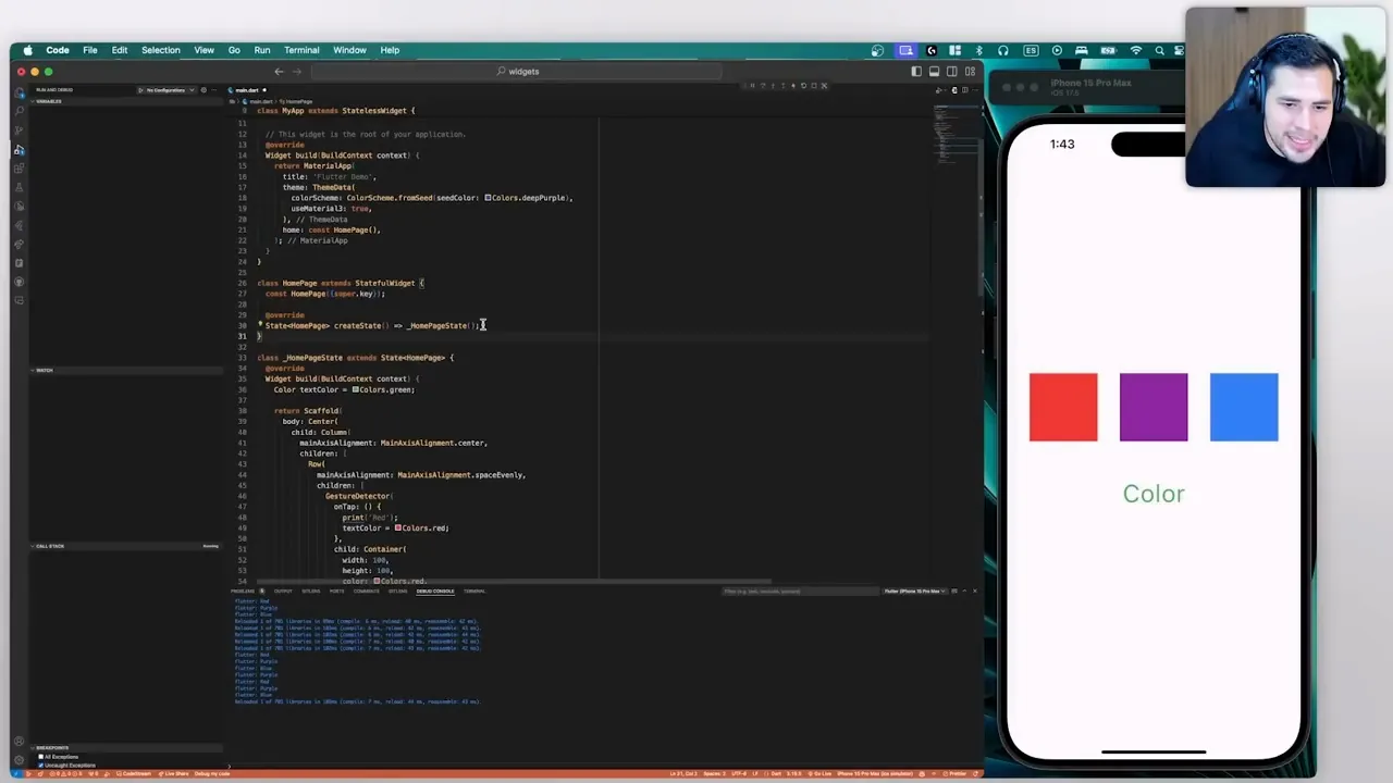 Código de un StatefulWidget en Flutter y el simulador con tres botones de color