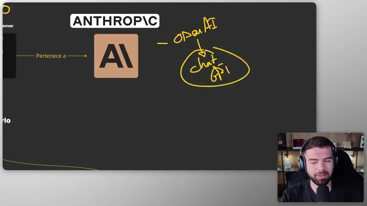Diapositiva que muestra que Claude pertenece a Anthropic, con apuntes a mano sobre OpenAI y ChatGPT