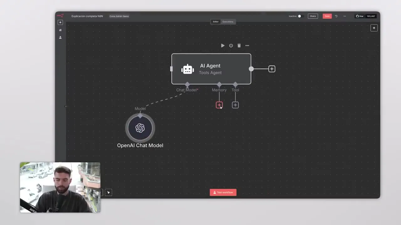 Lienzo de n8n con un nodo AI Agent conectado a un modelo de chat de OpenAI
