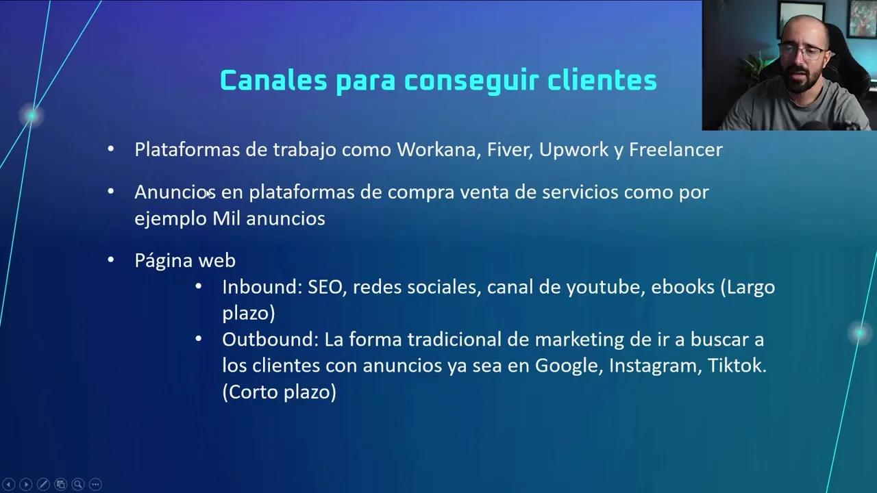 Diapositiva Canales para conseguir clientes con plataformas freelance, anuncios de servicios y página web