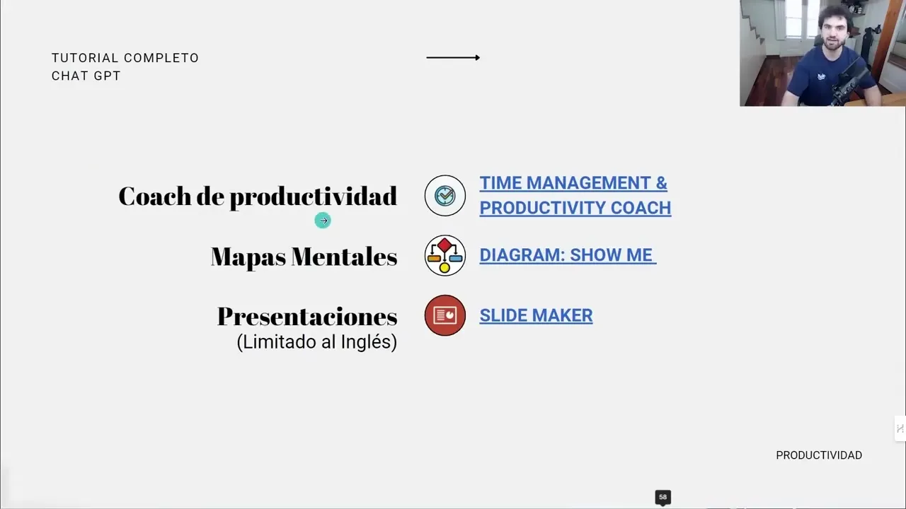 Diapositiva de GPTs de productividad que señala Diagram: Show Me como la opción para crear mapas mentales