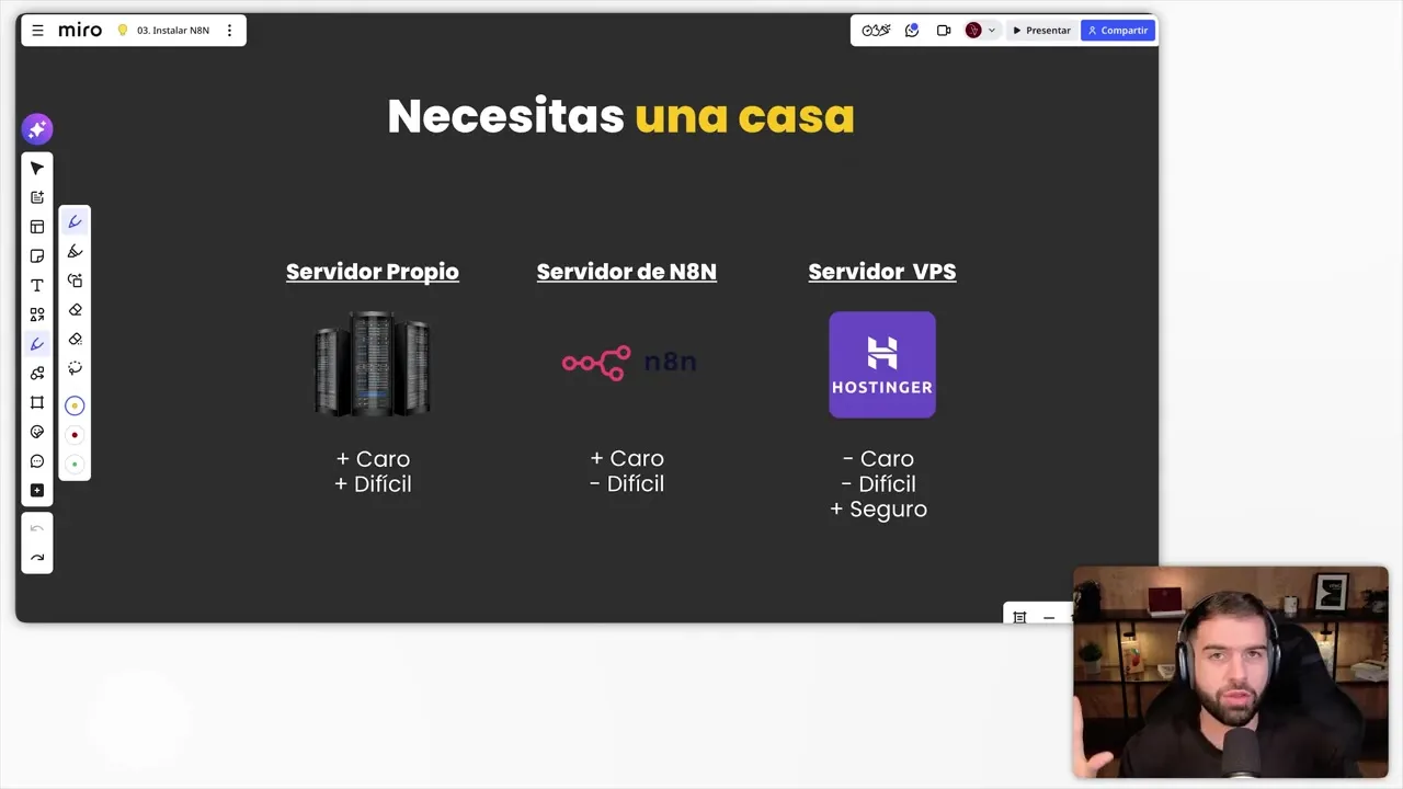 Diapositiva que compara tres opciones para alojar n8n: servidor propio, servidor de n8n y un servidor VPS de Hostinger