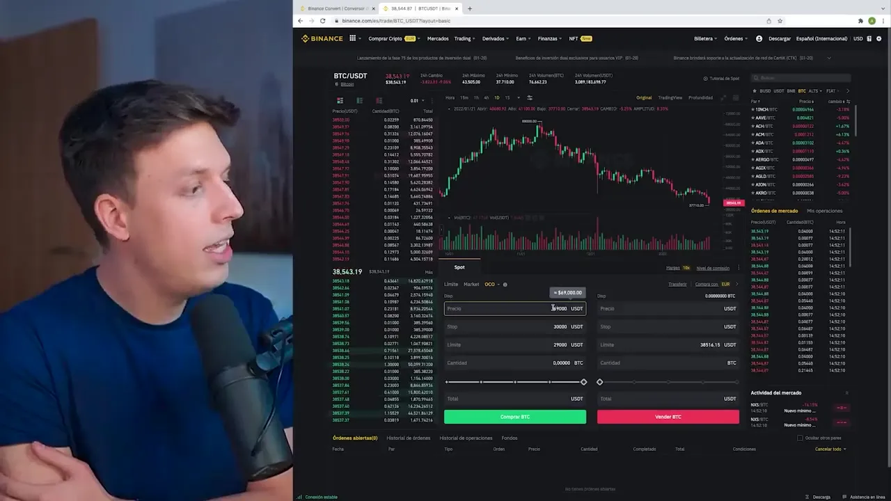 Pantalla de Binance Spot con la orden OCO abierta y los campos de precio, stop, límite y cantidad
