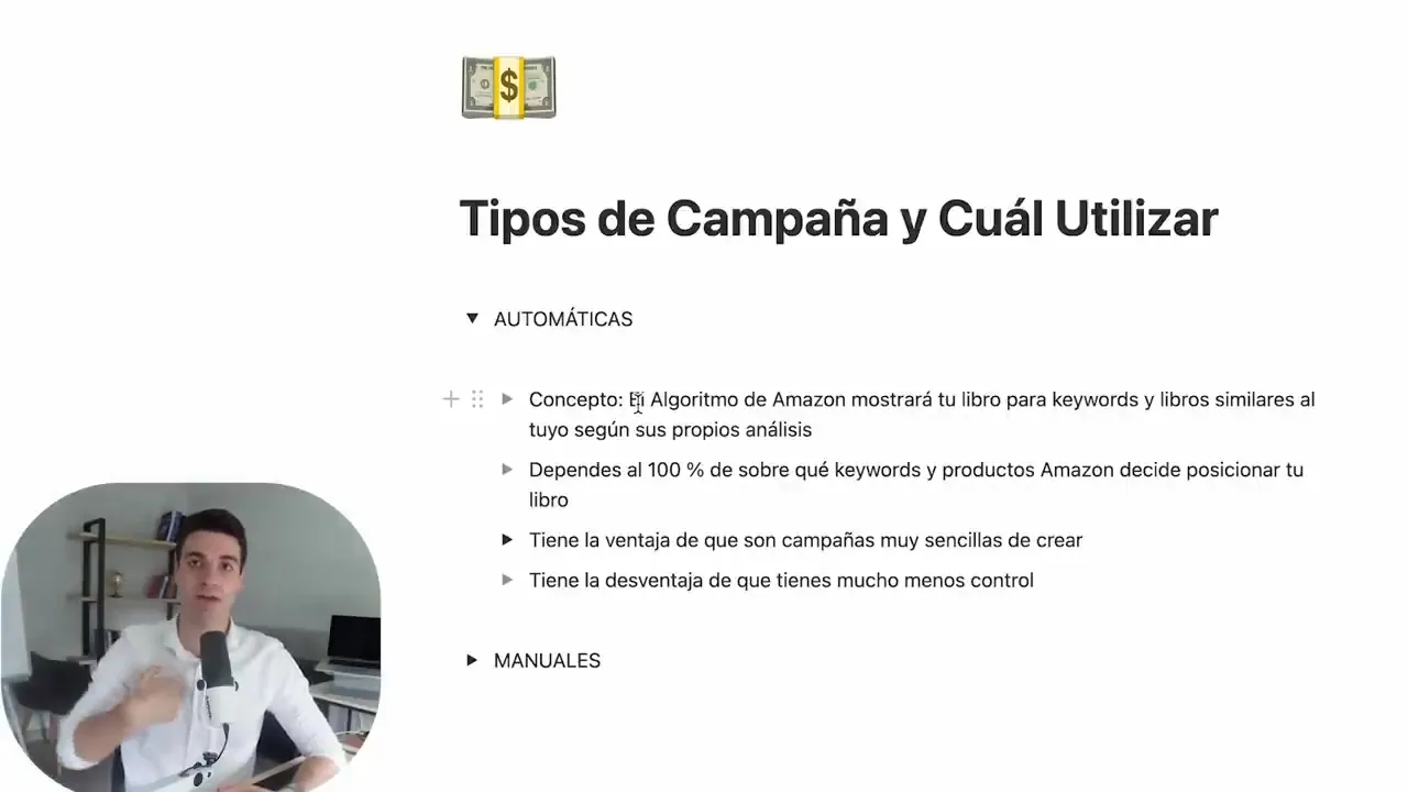 Página de notas Tipos de campaña y cuál utilizar, con las campañas automáticas desplegadas y sus ventajas