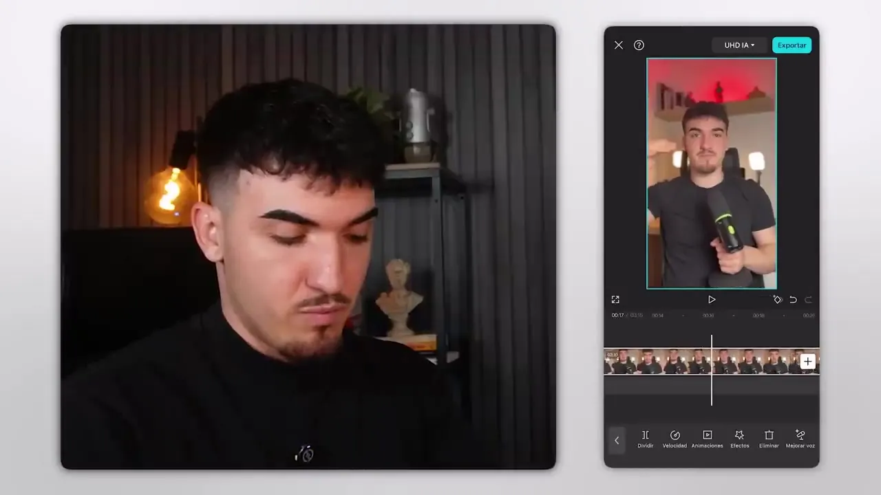 Editor de CapCut con la línea de tiempo y un clip de vídeo seleccionado, junto al profesor
