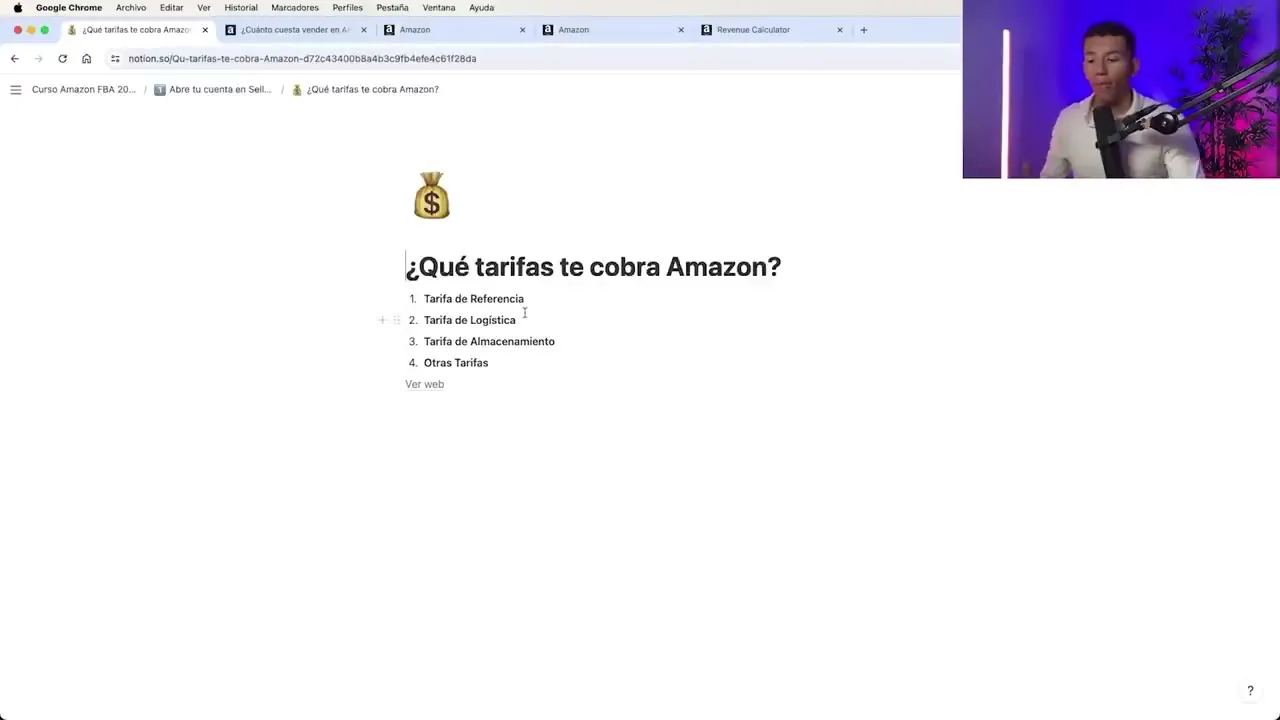 Diapositiva con la pregunta qué tarifas te cobra Amazon y la lista de tarifas de referencia, logística y almacenamiento