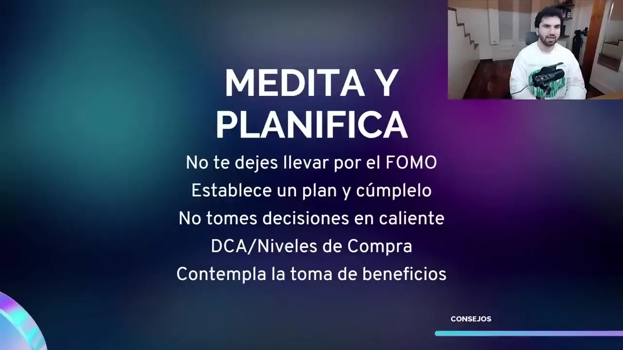 Diapositiva Medita y planifica con consejos: no dejarse llevar por el FOMO, establecer un plan, DCA y toma de beneficios