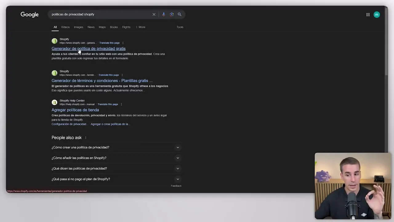Resultados de búsqueda de generadores gratuitos de política de privacidad y términos para una tienda online
