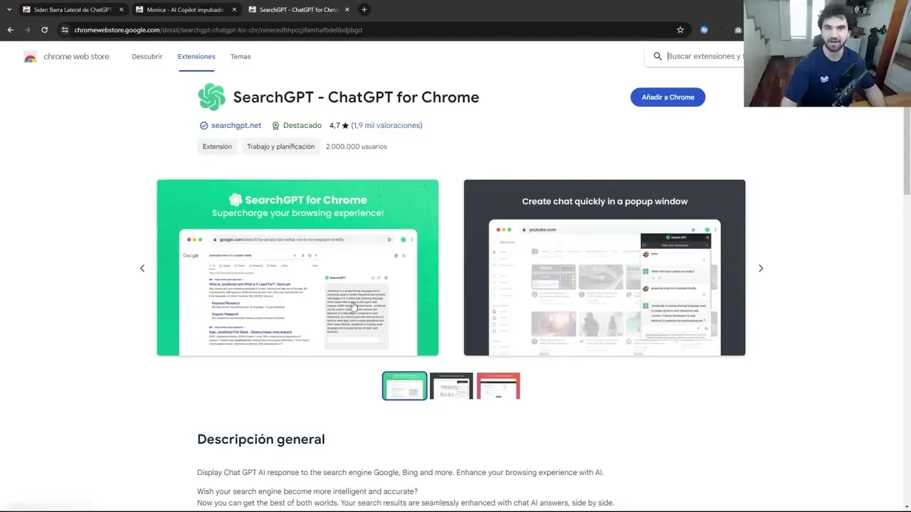 Tienda web de Chrome con la ficha de la extensión SearchGPT, ChatGPT para Chrome, y sus capturas