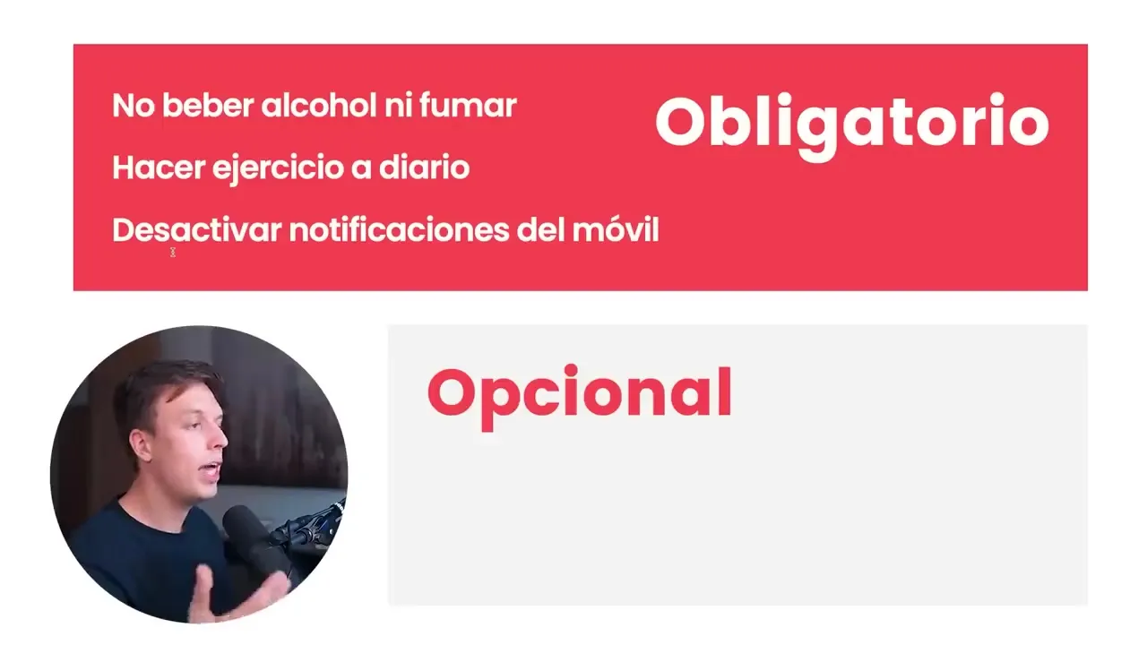 Diapositiva con las reglas obligatorias del monk mode: no beber alcohol ni fumar, hacer ejercicio y desactivar notificaciones