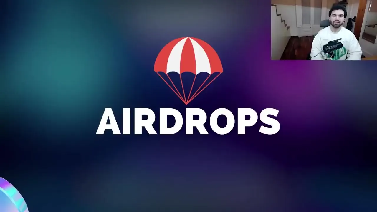 Diapositiva de portada con un paracaídas rojo y blanco y la palabra Airdrops sobre fondo azul
