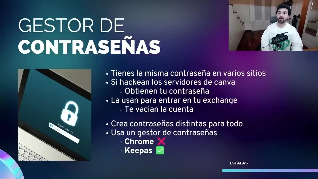 Diapositiva que aconseja usar un gestor de contraseñas y no repetir la misma contraseña en el exchange