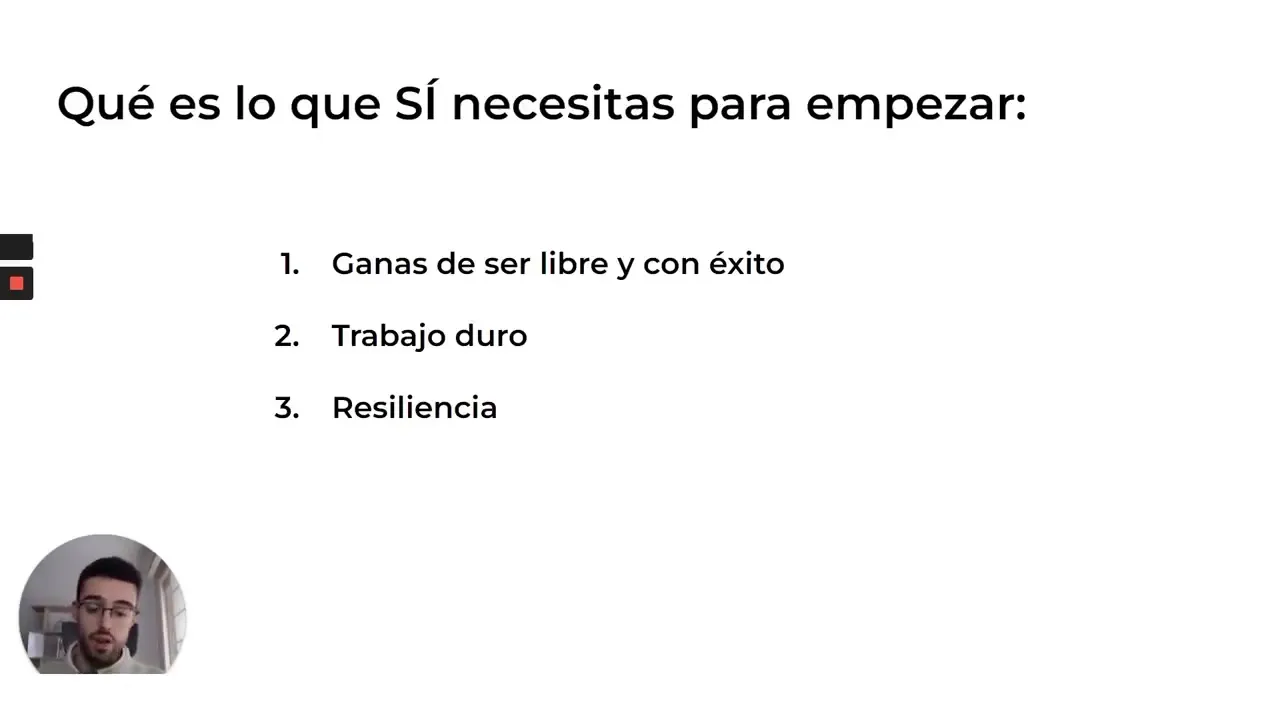 Diapositiva con lo que sí necesitas para empezar una agencia: ganas de ser libre, trabajo duro y resiliencia
