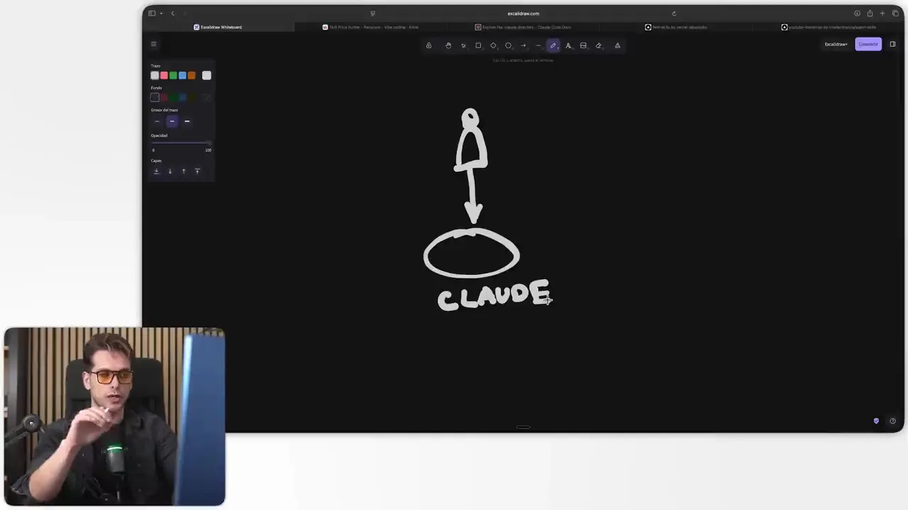 Pizarra digital con un esquema donde una flecha lleva a Claude, y el profesor explicando en un recuadro