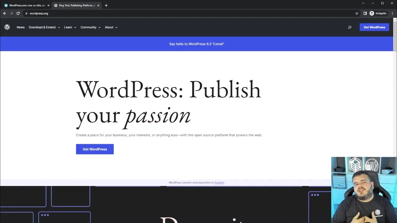 Página de inicio de WordPress.org con el lema Publish your passion y el botón Get WordPress